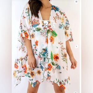 Johnny Was White Floral Ardella Swim Cover Up Kimono L XL